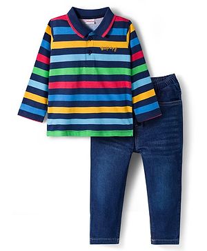 Babyhug Single Jersey Knit Full Sleeves T-Shirt & Denim Jeans Set With Stripes - Blue