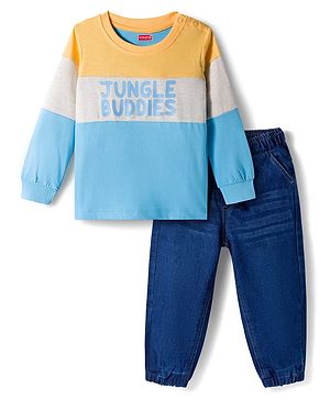 Babyhug Knit Premium Light Gauge Terry Full Sleeves T-Shirt & Denim Jeans Set With Text Print & Cut & Sew Design - Blue