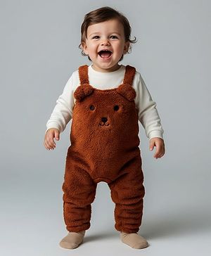Mark & Mia Fur Knit Full Sleeves Winter Wear Rompers with Animal Applique & Embroidery Detailing - Brown