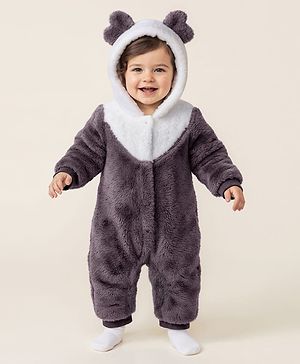 Mark & Mia Knit Full Sleeves Fur Fabric Winter Wear Hooded Romper With Ear Applique - Charcoal Grey