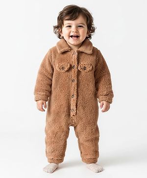 Mark & Mia Knit Full Sleeves Winter Wear Sherpa Romper With Pocket & Collar Detailing - Brown