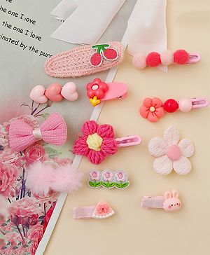 Babyhug Free Size Hair Pins & Clips With Floral Heart & Bow Applique Pack of 12 - Pink