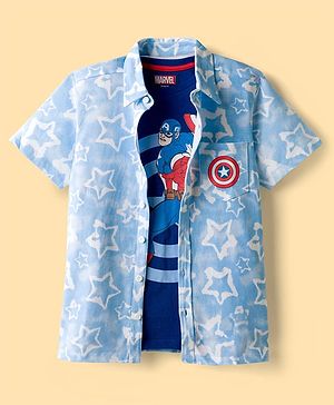 Pine Kids Marvel Single Jersey Knit Half Sleeves Shirt With T-Shirt & Captain America Graphics - Blue