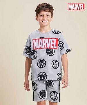 Pine Kids Marvel Single Jersey Knit Half Sleeves T-Shirt & Short Set With Avengers Graphics - Light Grey