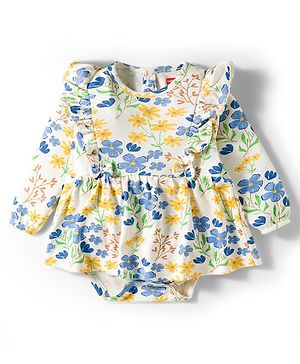 Babyhug 100% Cotton Single Jersey Knit Full Sleeves Onesies With Floral Print - White