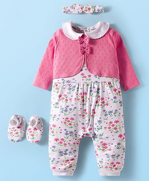Babyhug 100% Cotton Interlock Knit Full Sleeves Romper with Floral Print Bow Applique Hairband & Booties - Pink
