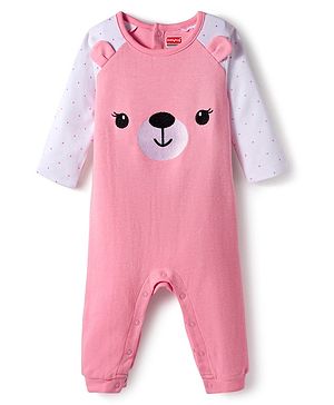 Babyhug 100% Cotton Interlock Knit Full Raglan Sleeves Romper with Teddy Print - Pink