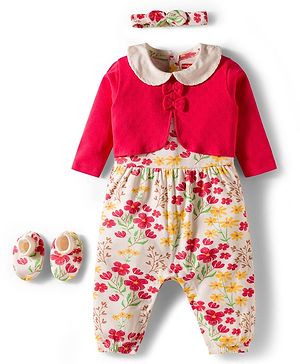 Babyhug 100% Cotton Interlock Knit Full Sleeves Romper with Floral Print Bow Applique Hairband & Booties - Red