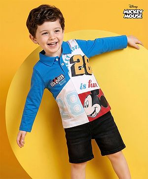 Babyhug Disney Single Jersey Knit Full Sleeves Polo T-Shirt with Mickey Mouse Graphics - Blue & White