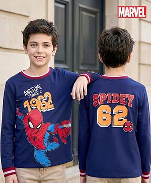 Pine Kids Marvel Terry Knit Full Sleeves T-Shirt with Spider Man Front & Back Graphic - Navy Blue