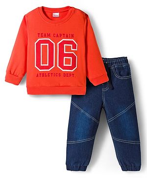 Babyhug Knit Premium Light Gauge Terry FUll Sleeves T-Shirt & Denim Jeans Set with Number Graphic - Orange & Blue
