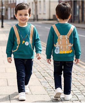 Babyhug Knit Premium Light Gauge Terry Full Sleeves T-Shirt & Denim Jeans Set With Backpack Print - Teal & Navy Blue