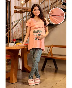 SWEETMOON Cotton Hosiery Knit Half
                              Sleeves Happy Time Text Printed Maternity
                              Night Suit Set With Overlap Zipper Nursing
                              Access - Blush Pink & Bluish Green