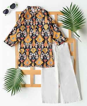 Bella Moda Cotton Woven Full Sleeves Ethnic Motif Printed Kurta  Pyjama Set - Yellow