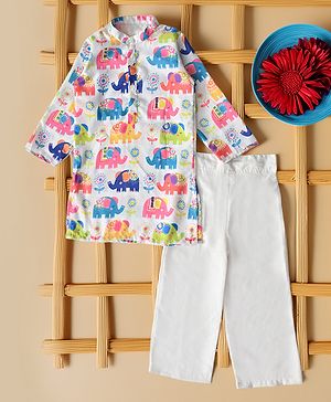 Bella Moda Cotton Woven Full Sleeves Elephants & Floral Printed Kurta Pyjama Set - White