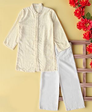 Bella Moda Cotton Woven Full Sleeves Sequins Embellished & Floral Embroidered Kurta Pyjama Set - White