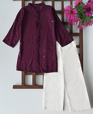 Bella Moda Cotton Woven Full Sleeves Sequins Embellished & Floral Embroidered Kurta Pyjama Set - Violet