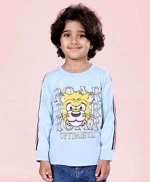 Kiddopanti Cotton Knit Full Sleeves Roar Text Printed Side Taped Tee - Blue