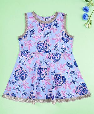 Kiddopanti Cotton Woven Sleeveless Floral Printed Gota Lace Embellished Peplum Kurti - Sky Blue & Pink