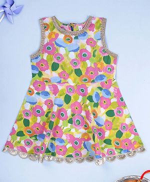 Kiddopanti Cotton Woven Sleeveless Tropical Floral Printed Gota Lace Embellished Peplum Kurti - Multi Colour