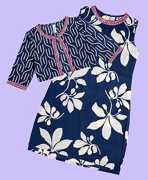 Kiddopanti Cotton Woven Floral Printed Kurti & Three Fourth Sleeves Mirror Work Detailed Koti Set - Teal Blue