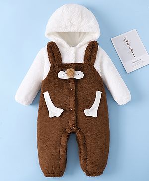 Mark & Mia Full Sleeves Winter Wear Hooded Romper With Ear Applique - Brown & White
