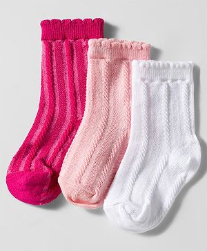 Cute Walk by Babyhug Knit Ankle Length Anti Bacterial Socks with Cable Knit Design Pack of 3 - Dark Pink White & Pink