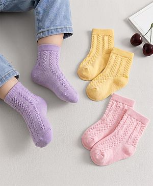 Cute Walk by Babyhug Knit Ankle Length Anti Bacterial Socks with Cable Knit Design Pack of 3 - Yellow Pink & Purple