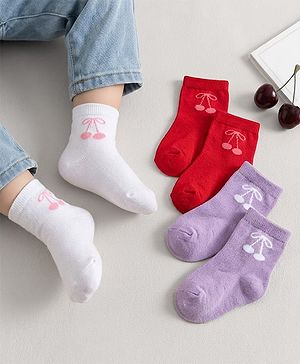 Cute Walk by Babyhug Knit Ankle Length Anti Bacterial Socks with Cherry Design Pack of 3 - Red Purple & White