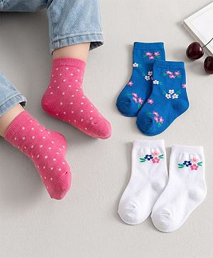 Cute Walk by Babyhug Knit Ankle Length Anti Bacterial Socks with Floral Design Pack of 3 - Navy Blue Pink & White