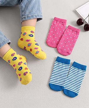 Cute Walk by Babyhug Knit Ankle Length Anti Bacterial Socks with Polka Dot Design & Stripes Pack of 3 - Pink Blue & Yellow