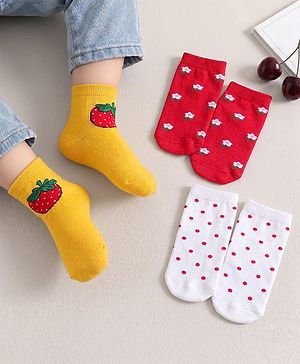 Cute Walk by Babyhug Knit Ankle Length Anti Bacterial Socks with Floral Polka Dot & Strawberry Design Pack of 3 - Yellow Red & White