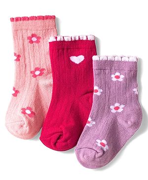 Cute Walk by Babyhug Knit Ankle Length Anti Bacterial Socks with Floral Design Pack of 3 - Pink Red & Purple