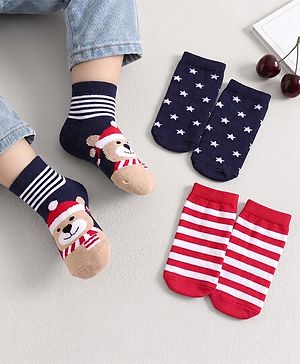 Cute Walk by Babyhug Knit Ankle Length Anti Bacterial Socks with Bear & Star Design Pack of 3 - Brown Navy Blue & Red