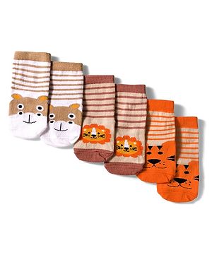 Cute Walk by Babyhug Knit Ankle Length Anti Bacterial Socks with Lion & Tiger Design Pack of 3 -  Brown & Orange