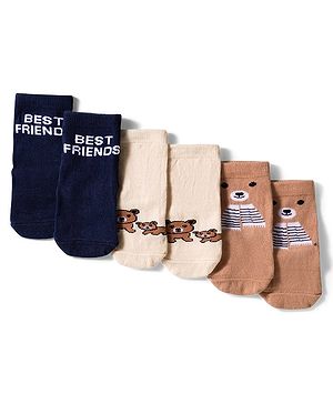 Cute Walk by Babyhug Knit Ankle Length Anti Bacterial Socks with Text & Bear Design Pack of 3 - Brown & Blue