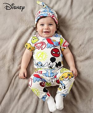 Babyhug Disney Interlock Knit Half Sleeves Onesie & Diaper Legging With Pony Cap Set  Disney Character Print- White