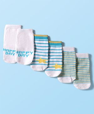 Cute Walk by Babyhug Knit Ankle Length Anti Bacterial Socks with Text & Stripe Design Pack of 3 - White & Light Blue