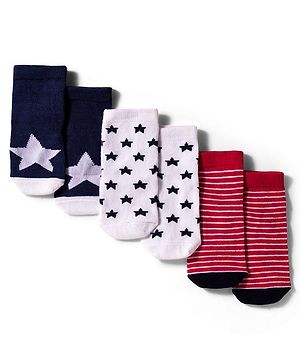 Cute Walk by Babyhug Knit Ankle Length Anti Bacterial Socks with Star & Stripe Design Pack of 3 -Navy Blue white & Red