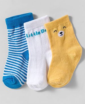 Cute Walk by Babyhug Knit Ankle Length Anti-Bacterial Socks with Stripes & Text Design Pack of 3 - Blue White & Mustered