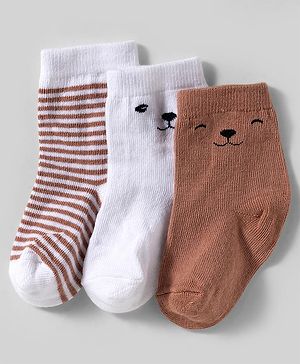 Cute Walk by Babyhug Knit Ankle Length Anti-Bacterial Socks with Stripes & Animal Design Pack of 3 - White & Brown