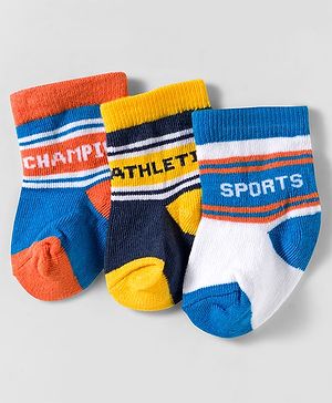 Cute Walk by Babyhug Knit Ankle Length Anti Bacterial Socks With Text Design Pack Of 3 - Yellow Blue & Orange