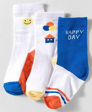 Cute Walk by Babyhug Knit Ankle Length Anti Bacterial Socks With Smiley Face Design Pack Of 3 - White & Blue