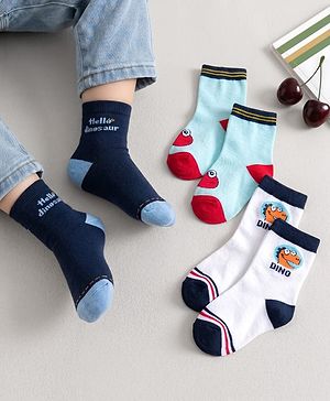 Cute Walk by Babyhug Knit Ankle Length Anti Bacterial Socks With Text Design Pack Of 3 - Navy Blue Aqua & White