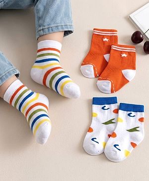 Cute Walk by Babyhug Knit Ankle Length Anti Bacterial Socks With Stripes Design Pack Of 3 - Orange & White