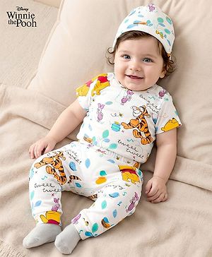 Babyhug Disney Interlock Knit Half Sleeves Onesie & Diaper Legging With Pony Cap Set  Winnie the Pooh Print- White