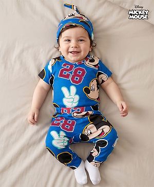 Babyhug Disney Interlock Knit Half Sleeves Onesie with Diaper Legging & Pony Cap Set with Mickey Mouse Print - Blue