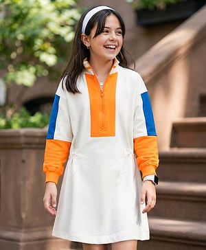 Pine Kids Cotton Knit Full Drop Shoulder Sleeves Winter Frock with Color Block Design - Marshmallow White & Yellow