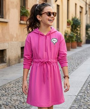 Pine Kids Cotton Knit Full Sleeves Sweatshirt Dress With Text Print - Dark Pink