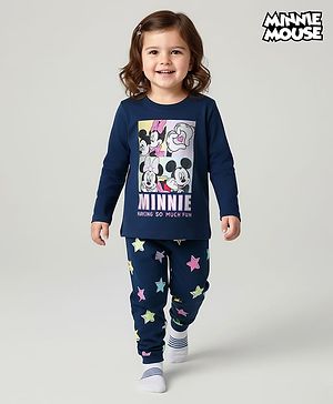 Babyhug Disney Single Jersey Knit Full Sleeves Night Suit With Minnie Mouse & Friends Graphics - Navy Blue